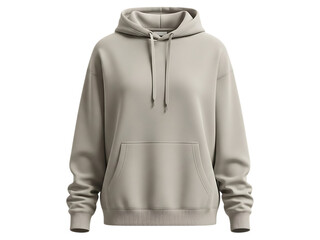 Realistic 3d rendering of a beige or light gray oversized hoodie with a front kangaroo pocket and drawstring hood, isolated on transparent background