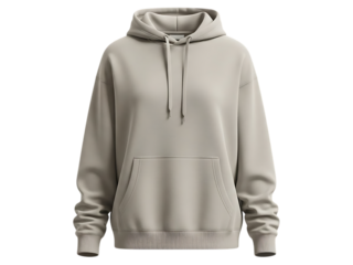 Realistic 3d rendering of a beige or light gray oversized hoodie with a front kangaroo pocket and drawstring hood, isolated on transparent background