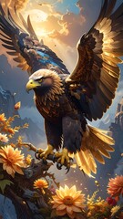 Eagle perched on branch with gold tinted feathers against a sky backdrop