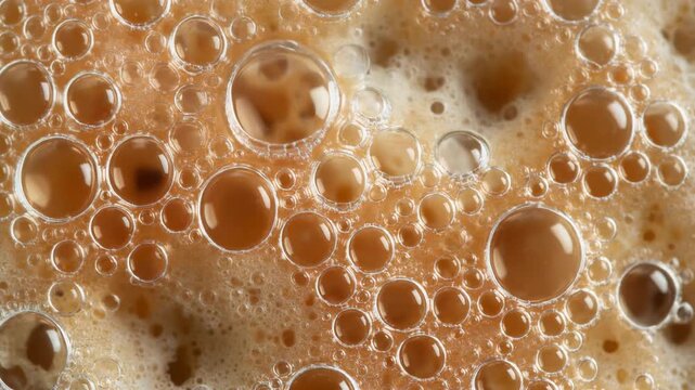 Extreme close up of fizzy brown drink with foam and bubbles.