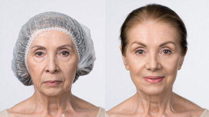 Before and after cosmetic procedure of mature woman showing visible transformation in skin texture, facial contours, and rejuvenation results through skincare or aesthetic plastic surgery treatment
