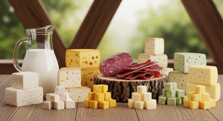 Assorted cheese and salami arranged on a wooden table