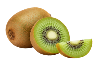 One whole kiwi, a half, and a slice artfully arranged on a transparent studio background with reflections and negative space, macro focus on vibrant details, concept of healthy food photography