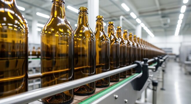 Amber bottles on a conveyor line during beer production