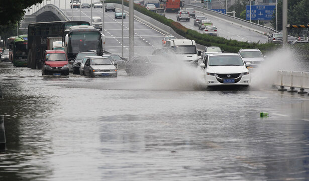 Waterlogged Xudong Avenue Traffic Jams in Wuhan, China During Flood