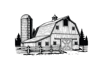 hand drawn black and white barn house vector illustration © Nurjen