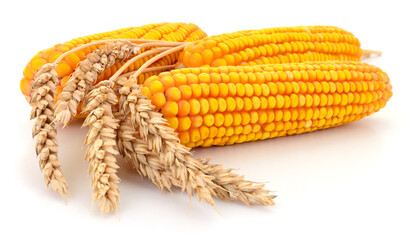 Wheat ears and dried corn cobs isolated on white background