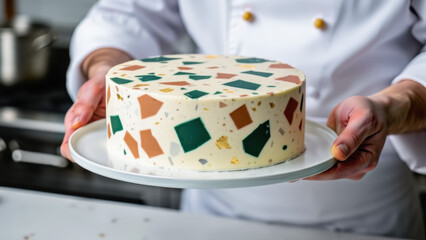 Terrazzo patterned cake with colorful geometric design by pastry chef in professional kitchen setting