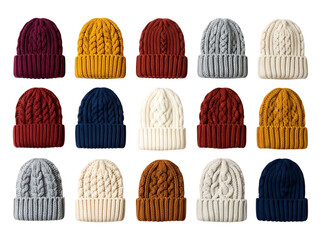 Collection of fifteen colorful knitted winter beanies with cable knit pattern displayed in three rows isolated on transparent background