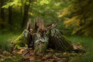 Obraz premium Small mushroom growing on a mossy tree stump in forest