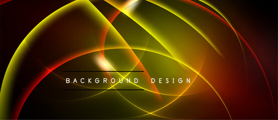 Abstract design features vibrant curves, gradients. Yellow, red, black colors dominate composition. Modern aesthetic, dynamic energy.