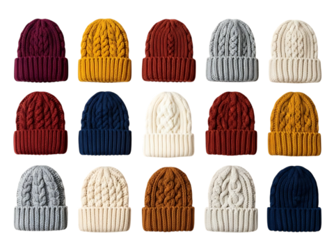 Collection of fifteen colorful knitted winter beanies with cable knit pattern displayed in three rows isolated on transparent background