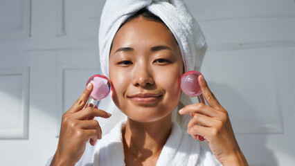 Asian woman in white bathrobe using pink ice globes for facial massage, home skincare ritual, cooling beauty tools, self-care therapy, rejuvenating treatment, glow boost, healthy skin routine