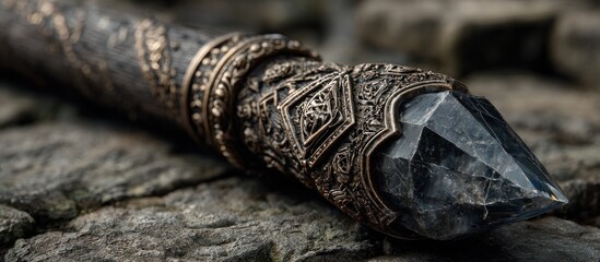 Ornate, metallic wand with gemstone tip, resting on a rocky surface