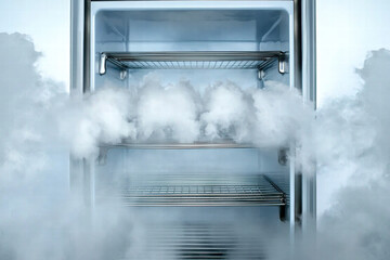 Empty stainless steel freezer with fog and cold vapor creating surreal chilly atmosphere