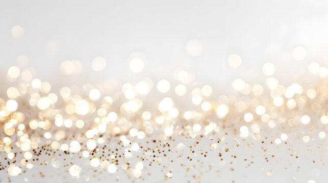 Gold glitter confetti on a white background. Festive abstract background. Gold glitter luxury sparkling confetti. Golden glitter background with bokeh defocused lights