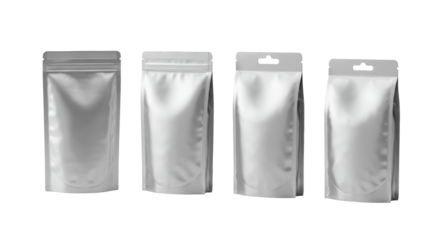 Four glossy silver foil stand-up pouches (zip-lock, hanging hole), linear row, transparent studio background with copy space, concept for product packaging design