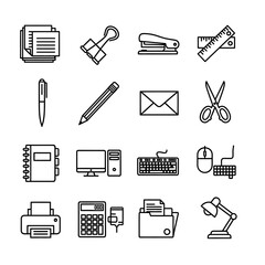 Set of office supplies and computer equipment line icons.