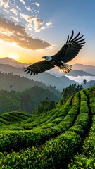 Eagle soaring above tea fields against a backdrop of mountains and a golden sunrise sky