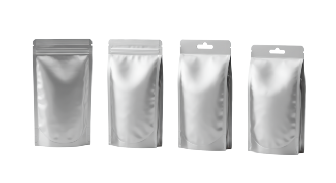 Four glossy silver foil stand-up pouches (zip-lock, hanging hole), linear row, transparent studio background with copy space, concept for product packaging design
