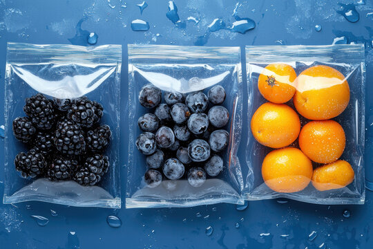 Blackberry blueberry orange fruit in resealable plastic bags on wet blue surface, fresh vivid color and appetizing natural look