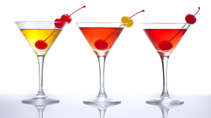 shaker. Classic cocktails arranged elegantly on a white surface, shot at a 45-degree angle with crisp studio lighting. bar promotions.