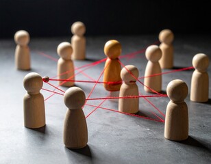 Obraz premium Wooden Peg People Connected by Red String Representing Networking