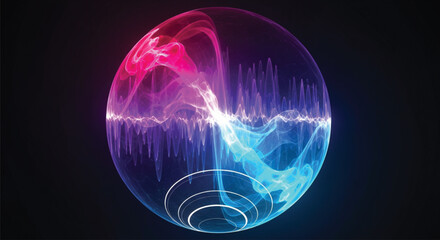 A mesmerizing digital art piece featuring a transparent sphere containing dynamic, colorful plasma-like energy patterns and visible sound wave visualizations against a dark backdrop, suggesting audio 
