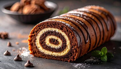Macro shot of a chocolate Swiss Roll with a perfectly even swirl, placed on a minimal matte surface