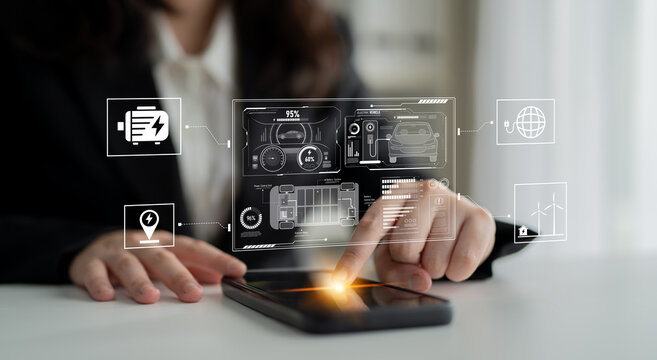 Smart interface showing electric vehicle performance, battery system, power control, charging status, and integration with renewable and grid-based energy sources Latch - Powered by Adobe