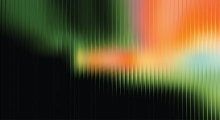 A abstract background featuring vertical corrugated lines with a vibrant gradient transition from deep green to bright orange and soft cyan hues against dark