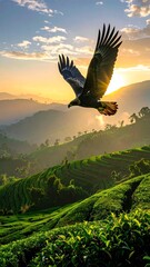 Eagle soars over lush green terraced hills, catching the light of a radiant sunrise