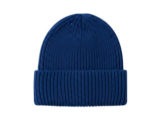 A single, dark blue, ribbed knit winter beanie hat with a folded cuff, isolated on transparent background