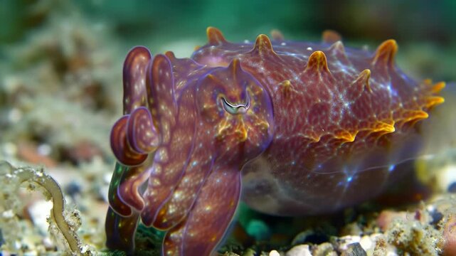 Close-up of a colorful cuttlefish on the sandy seabed.