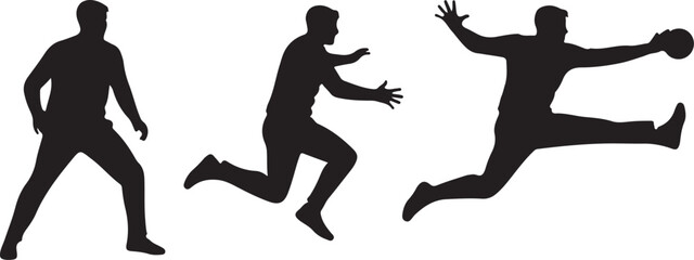 Silhouetted athletes in motion running, jumping, and playing ball.