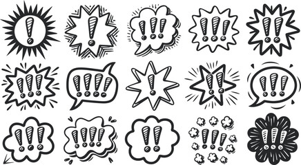 Fototapeta premium Exclamation Comic Burst Vector Set, Hand Drawn Alert Speech Bubble Illustration