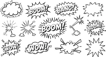 Comic Explosion Vector Set, Boom, Bang, Wow, Burst Cartoon Effect Shapes
