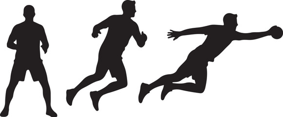 Silhouette of three men playing handball: standing, running, and catching
