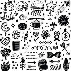 Whimsical Hand Drawn Doodle Icon Vector Set, Cute Hand Drawn Elements, Symbols, Sketch Illustration