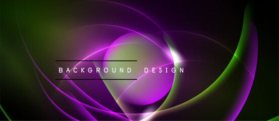 Abstract background features flowing purple, green curves. Dynamic lines create modern visual effect. Text reads background design.
