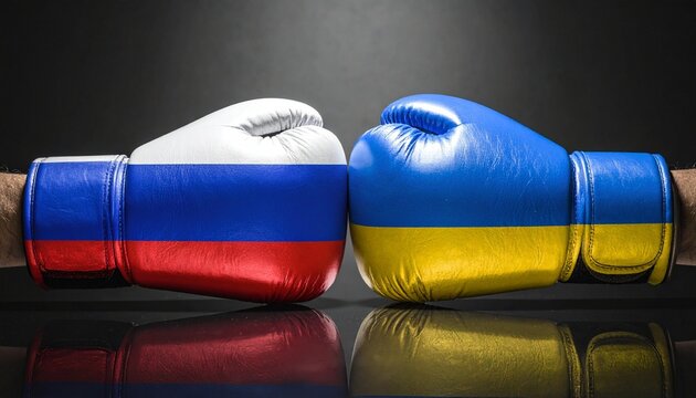 Boxing Gloves with Russian and Ukrainian Flags Facing Off - Powered by Adobe