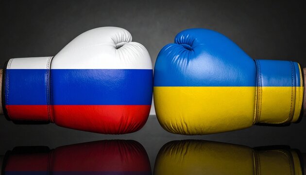 Boxing Gloves with Russian and Ukrainian Flags Facing Off