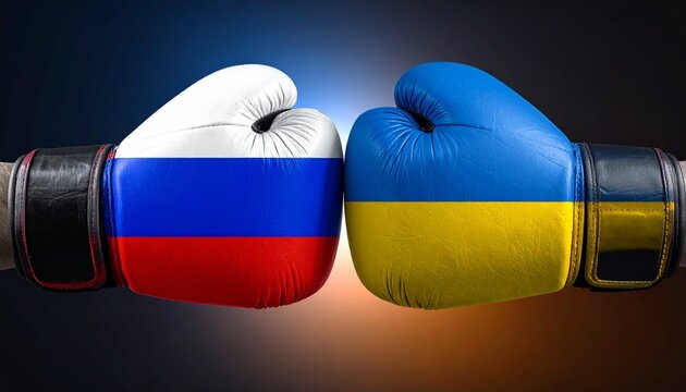 Boxing Gloves with Russian and Ukrainian Flags Facing Off