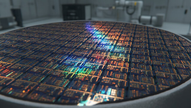 Macro shot of silicon wafer in semiconductor production showcasing intricate circuit patterns and vibrant reflections 92192242 1