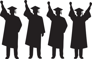 Four graduates in silhouette, fists raised in triumph, celebrating graduation day success.
