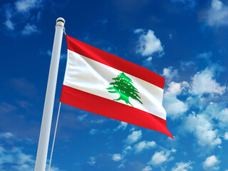 Realistic close-up of the Lebanon flag waving on a tall flagpole under a bright sky with soft scattered clouds, showing smooth wind motion, vivid colors, and a clear atmosphere of national pride.
