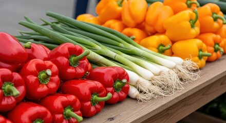 Fresh peppers and green onions displayed on a wooden surface