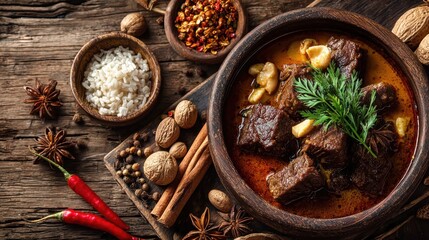 Rustic Wooden Table with Hearty Beef Stew, Rice, and Spices in a Cozy Culinary Setting