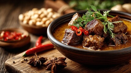 Rustic Wooden Table with Hearty Beef Stew, Rice, and Spices in a Cozy Culinary Setting