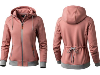 Front and back view of a stylish dusty rose pink womens hooded zipup jacket with drawstring waist and patterned cuff detail isolated on transparent background